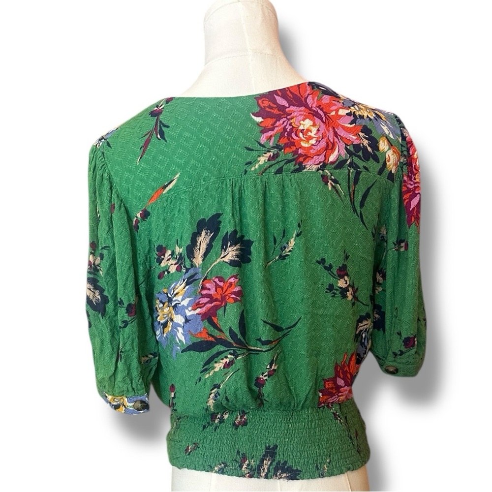 Anthropologie Green Floral V-Neck Puff Sleeve Top - Picture 7 of 13